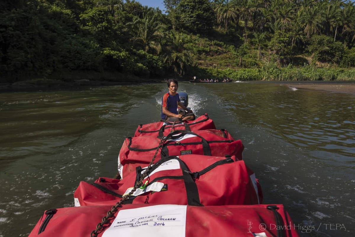 Waterproof expedition kit bags on a river crossing